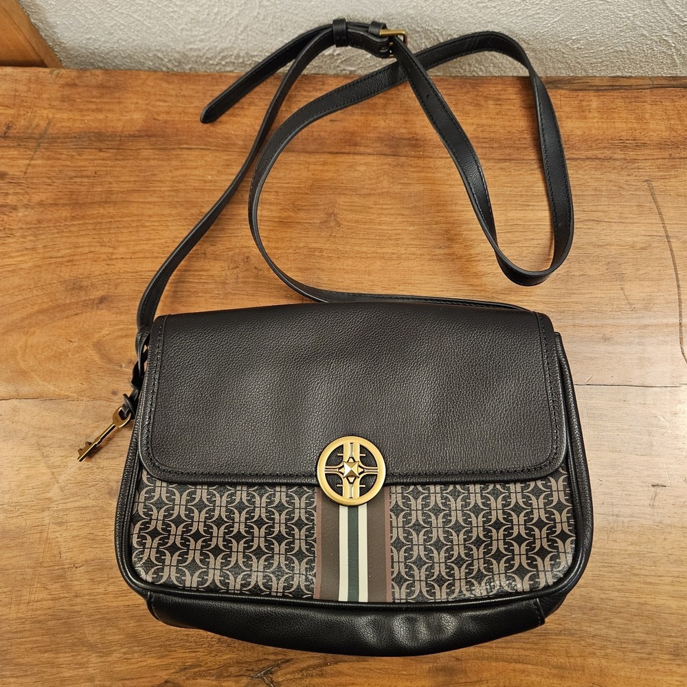 Fossil Jasmine Flap Crossbody Shoulder Bag Black/Brown Print Purse Bag Charm